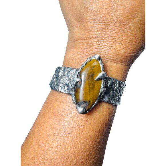 Handcrafted Brutalist Silver Bracelet W Tigers Eye Cabochon Stone Adjustable Fit - Picture 3 of 13